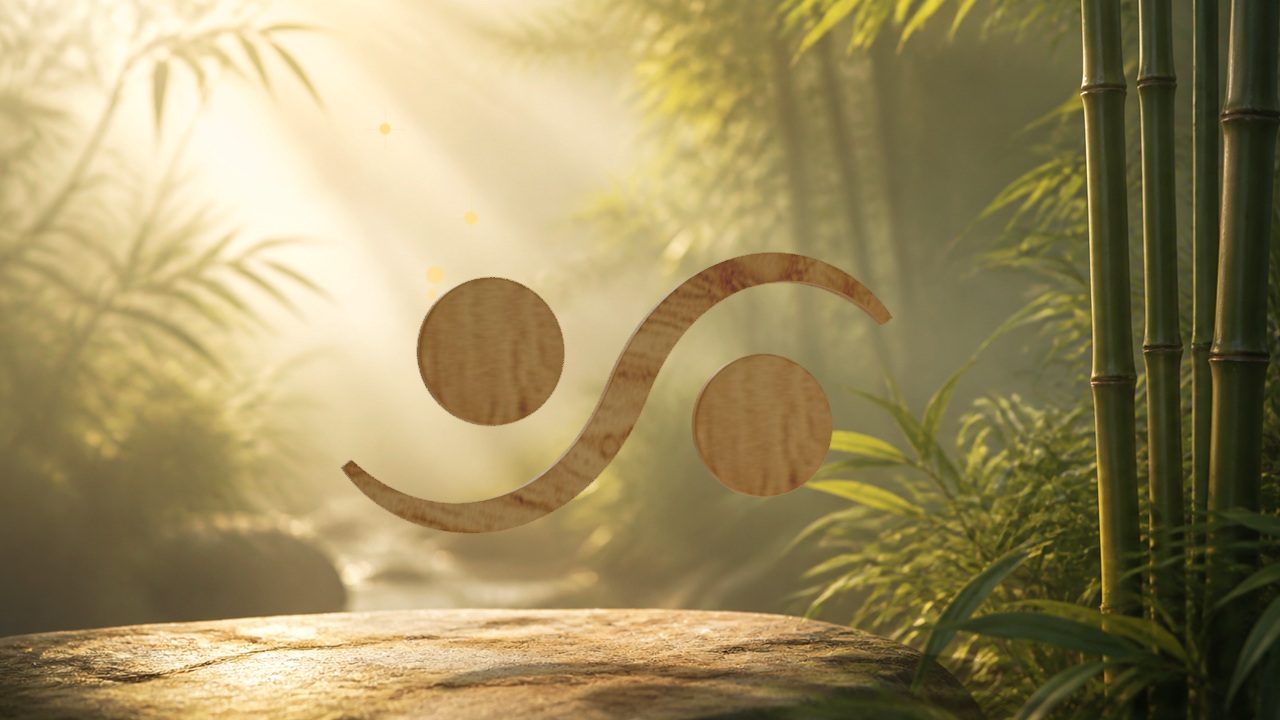 Le symbole ET QUI LIBRE en bois, dans une forêt de bambous